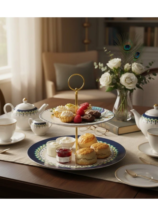 AKDC Luhpar White Ceramic 2 Tier Cake Stand 7.5 / 10.5 Inch with Peacock Design - Image 2
